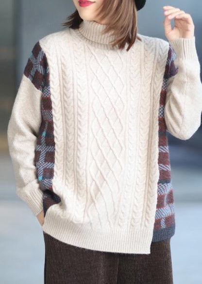 For Spring Spring White Sweaters Loose Fitting High Neck Patchwork Tops - SooLinen