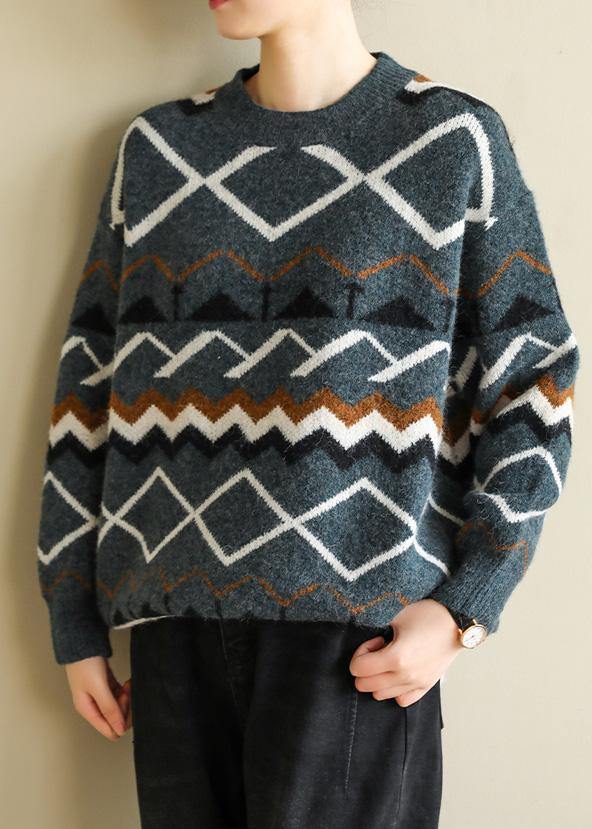 For Spring army green Geometry knitted pullover wild trendy plus size o neck knitwear - SooLinen