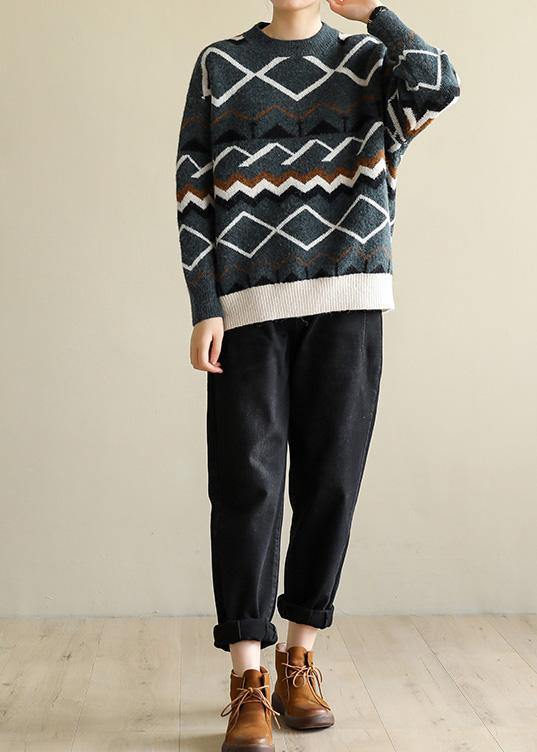 For Spring army green Geometry knitted pullover wild trendy plus size o neck knitwear - SooLinen