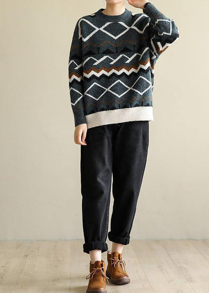 For Spring army green Geometry knitted pullover wild trendy plus size o neck knitwear - SooLinen