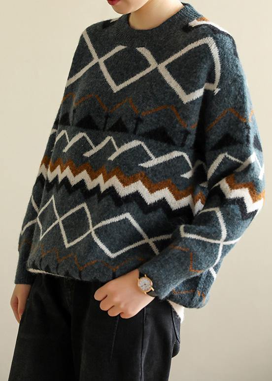 For Spring army green Geometry knitted pullover wild trendy plus size o neck knitwear - SooLinen