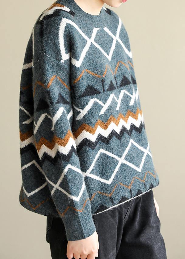 For Spring army green Geometry knitted pullover wild trendy plus size o neck knitwear - SooLinen