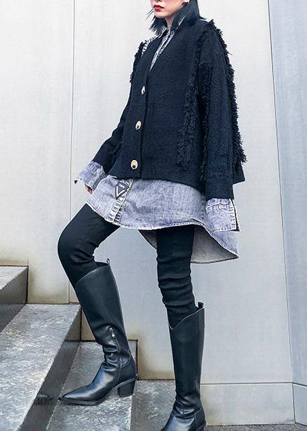 For Spring black knit cardigans oversize knitwear lapel patchwork tops - SooLinen