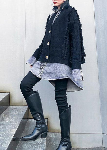 For Spring black knit cardigans oversize knitwear lapel patchwork tops - SooLinen