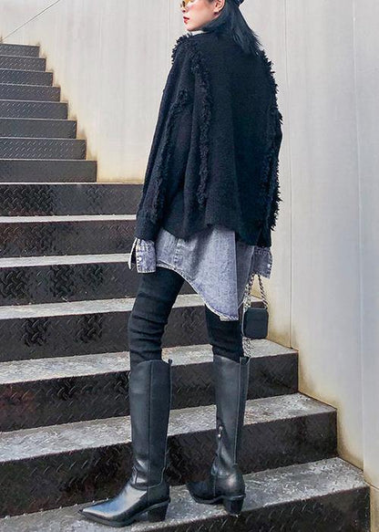 For Spring black knit cardigans oversize knitwear lapel patchwork tops - SooLinen