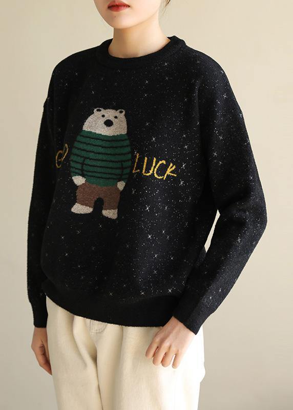For Spring black knit tops o neck Loose fitting Cartoon print knitted blouse - SooLinen