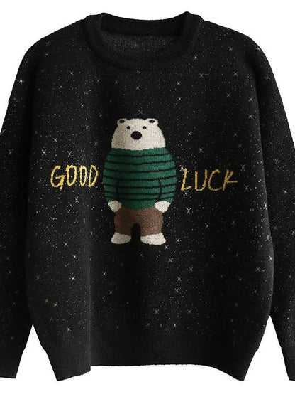 For Spring black knit tops o neck Loose fitting Cartoon print knitted blouse - SooLinen