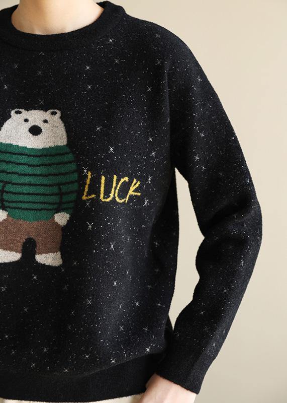 For Spring black knit tops o neck Loose fitting Cartoon print knitted blouse - SooLinen