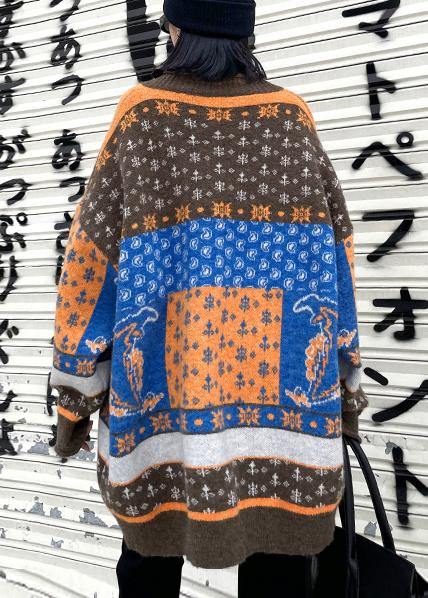 For Spring chocolate print knit tops trendy plus size v neck patchwork Blouse - SooLinen