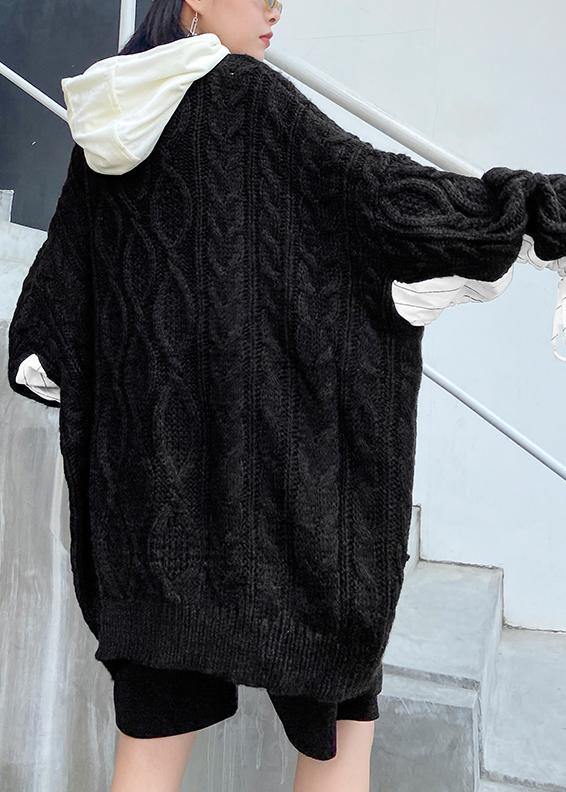 For Spring fall black knit tops plus size hooded clothes For Women - SooLinen