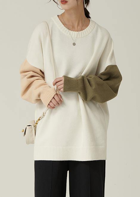 For Spring fall nude knitwear fall fashion o neck patchwork Blouse - SooLinen