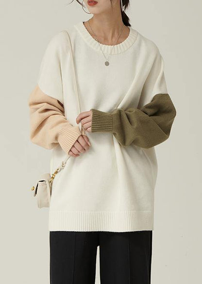 For Spring fall nude knitwear fall fashion o neck patchwork Blouse - SooLinen