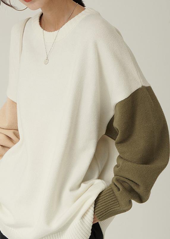 For Spring fall nude knitwear fall fashion o neck patchwork Blouse - SooLinen