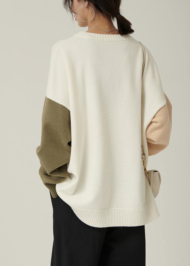 For Spring fall nude knitwear fall fashion o neck patchwork Blouse - SooLinen