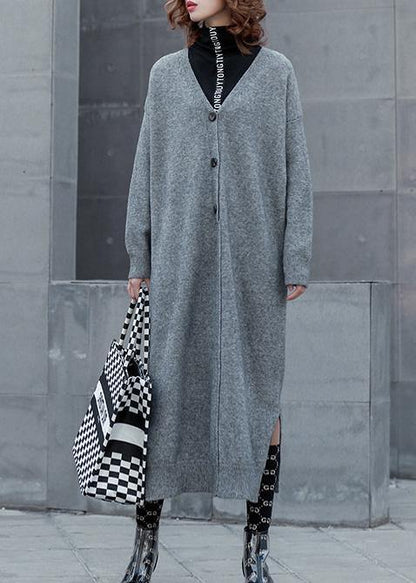 For Spring gray Sweater outfits plus size v neck side open Funny knitwear - SooLinen