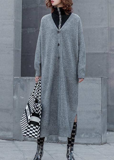 For Spring gray Sweater outfits plus size v neck side open Funny knitwear - SooLinen