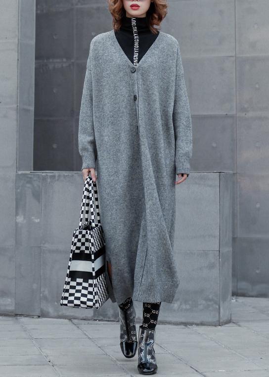 For Spring gray Sweater outfits plus size v neck side open Funny knitwear - SooLinen