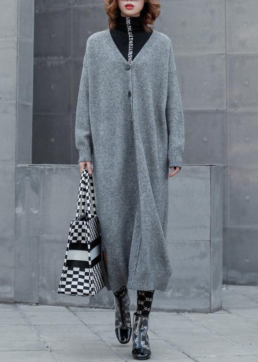 For Spring gray Sweater outfits plus size v neck side open Funny knitwear - SooLinen