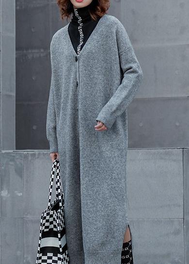 For Spring gray Sweater outfits plus size v neck side open Funny knitwear - SooLinen