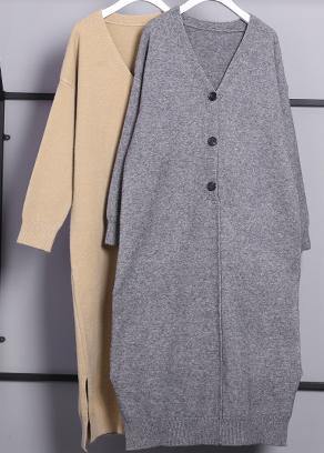 For Spring gray Sweater outfits plus size v neck side open Funny knitwear - SooLinen