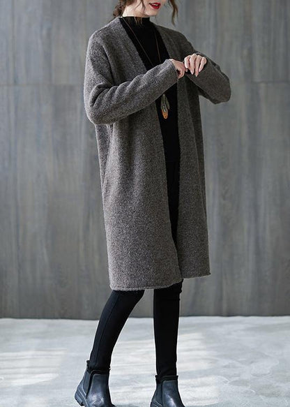 For Spring gray knitted outwear oversized fall v neck sweaters - SooLinen