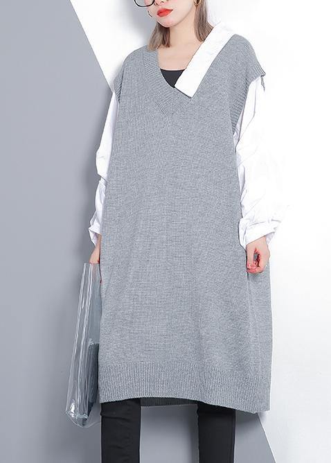 For Spring patchwork Puff Sleeve Sweater weather plus size gray Mujer knit dress - SooLinen