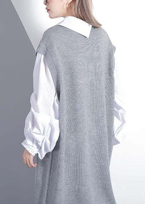 For Spring patchwork Puff Sleeve Sweater weather plus size gray Mujer knit dress - SooLinen