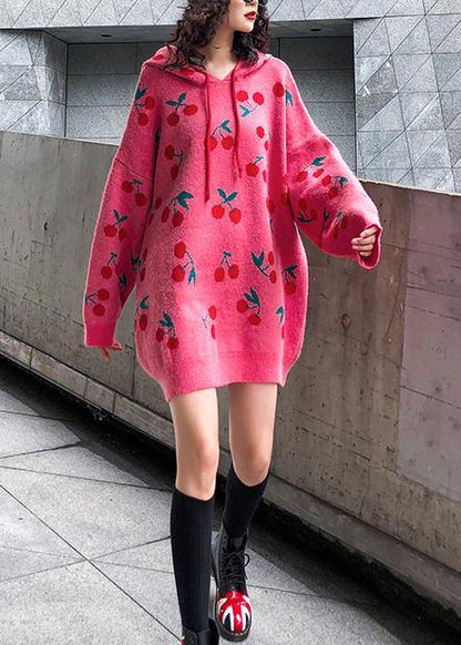 For Spring pink print Sweater weather fashion drawstring hooded knitted tops - SooLinen