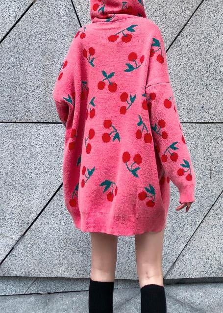 For Spring pink print Sweater weather fashion drawstring hooded knitted tops - SooLinen