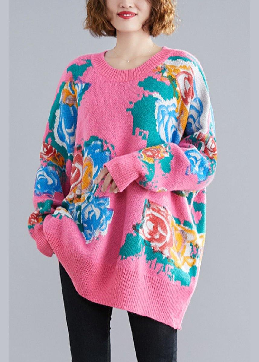 For Spring pink print sweaters plus size o neck knit top silhouette - SooLinen