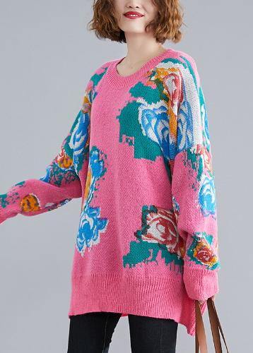 For Spring pink print sweaters plus size o neck knit top silhouette - SooLinen