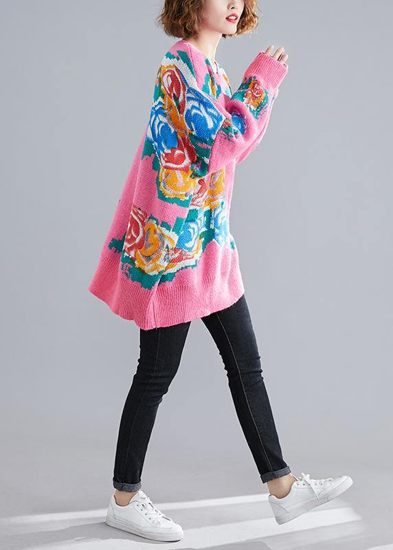 For Spring pink print sweaters plus size o neck knit top silhouette - SooLinen