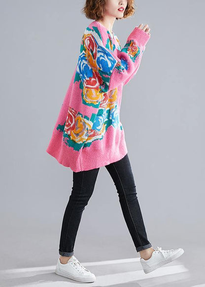 For Spring pink print sweaters plus size o neck knit top silhouette - SooLinen