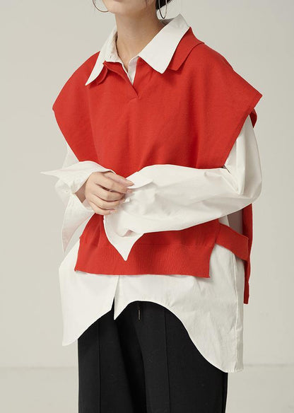 For Spring red sweaters trendy plus size lapel sleeveless knit tops - SooLinen