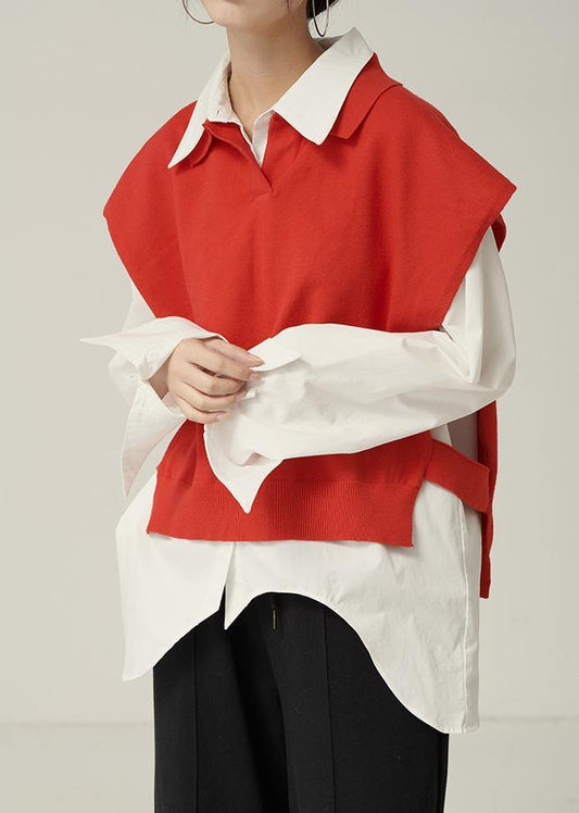 For Spring red sweaters trendy plus size lapel sleeveless knit tops - SooLinen