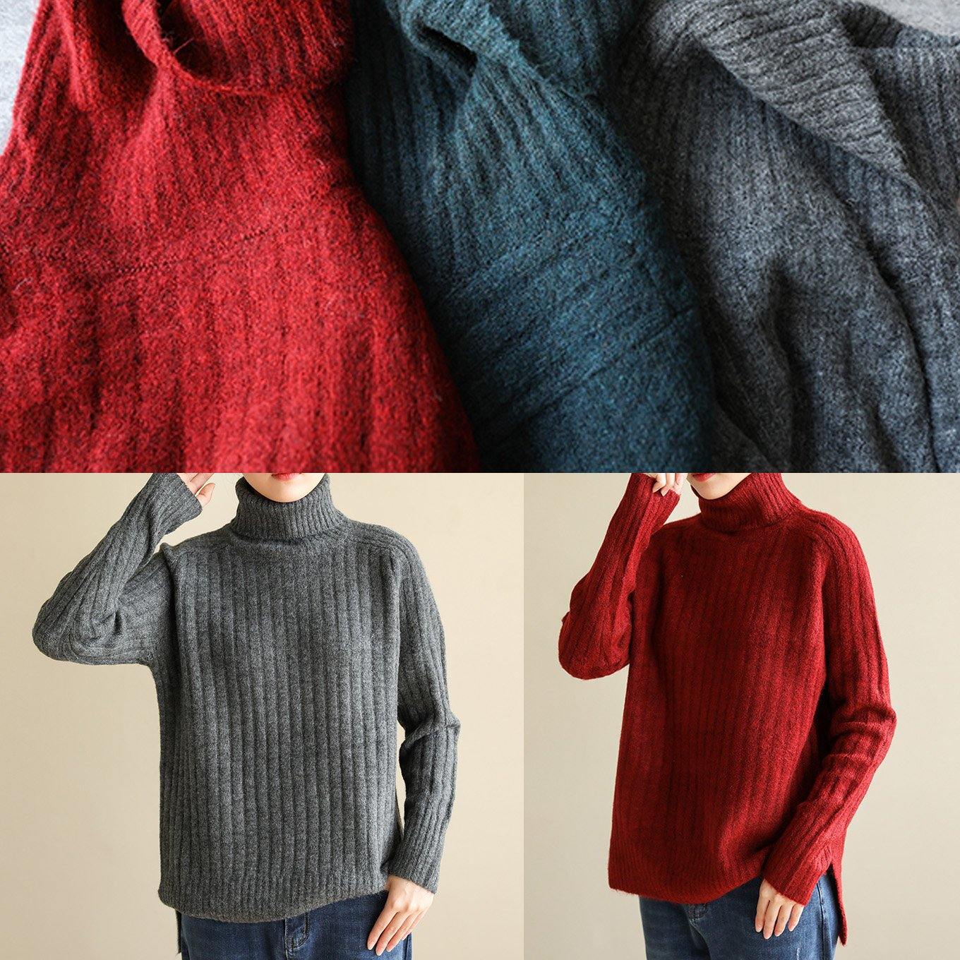 For Spring wild gray knitwear oversize high neck knit blouse - SooLinen