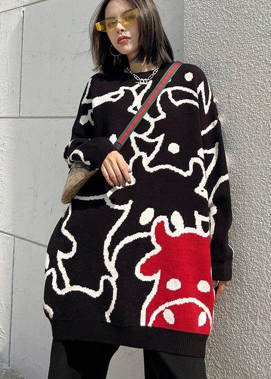 For Work Black Cartoon Flower Weaving Knit Blouse  O Neck Plus Size Knit Sweat Tops - SooLinen