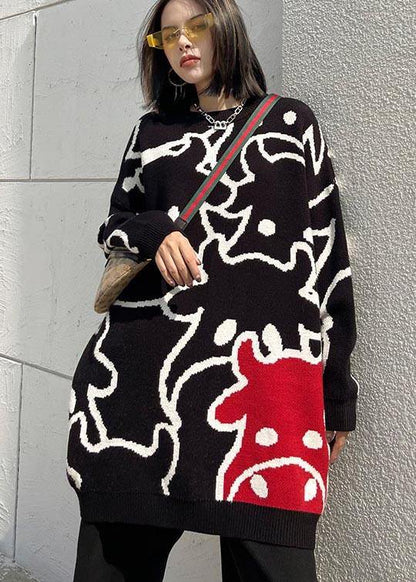 For Work Black Cartoon Flower Weaving Knit Blouse  O Neck Plus Size Knit Sweat Tops - SooLinen