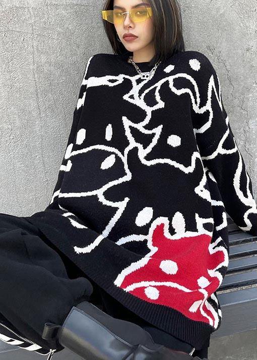 For Work Black Cartoon Flower Weaving Knit Blouse  O Neck Plus Size Knit Sweat Tops - SooLinen