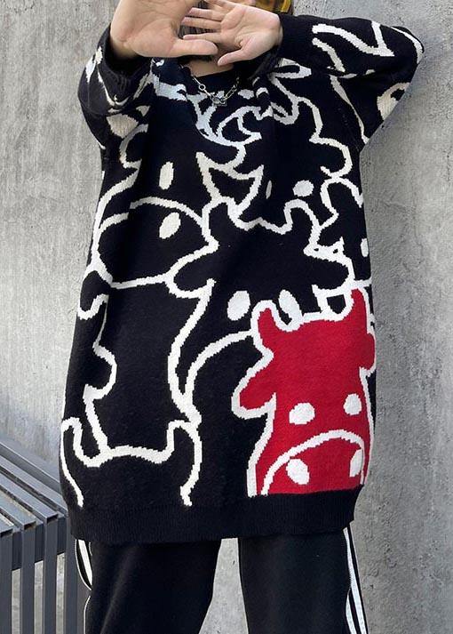 For Work Black Cartoon Flower Weaving Knit Blouse  O Neck Plus Size Knit Sweat Tops - SooLinen