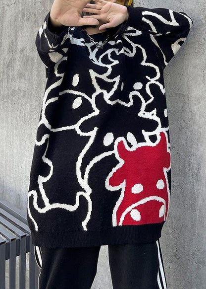 For Work Black Cartoon Flower Weaving Knit Blouse  O Neck Plus Size Knit Sweat Tops - SooLinen