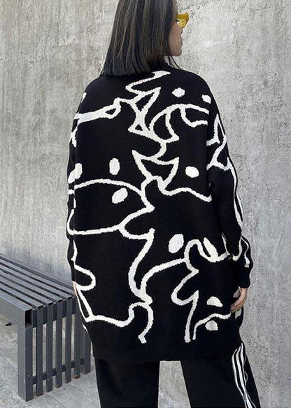 For Work Black Cartoon Flower Weaving Knit Blouse  O Neck Plus Size Knit Sweat Tops - SooLinen