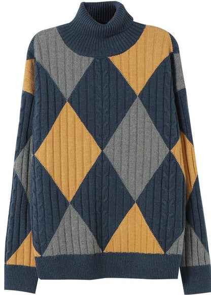 For Work Gray Blue Plaid Sweater Tops High Neck Oversized Sweaters - SooLinen