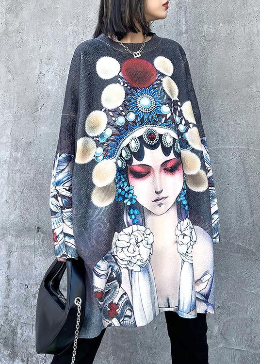 For Work Peking Opera Face Clothes O Neck Trendy Plus Size Knit Sweat Tops - SooLinen