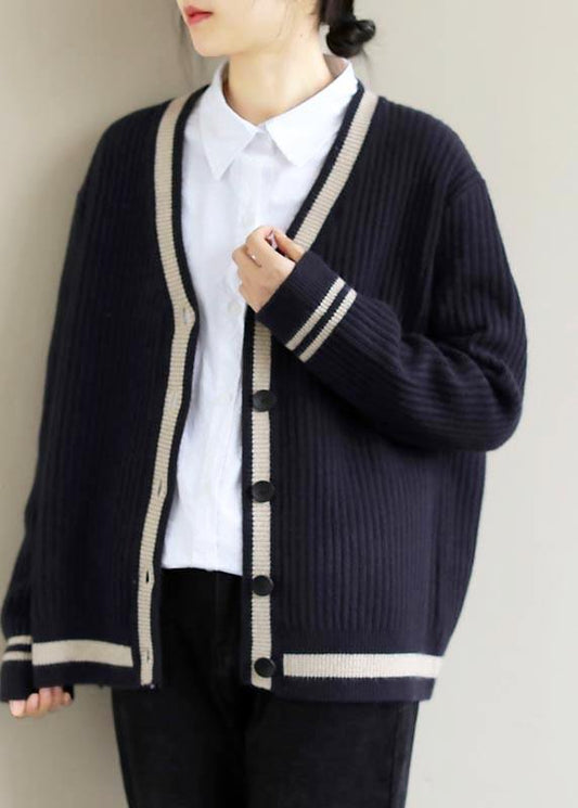 For Work Spring Navy Knit Tops V Neck Button Down Top - SooLinen