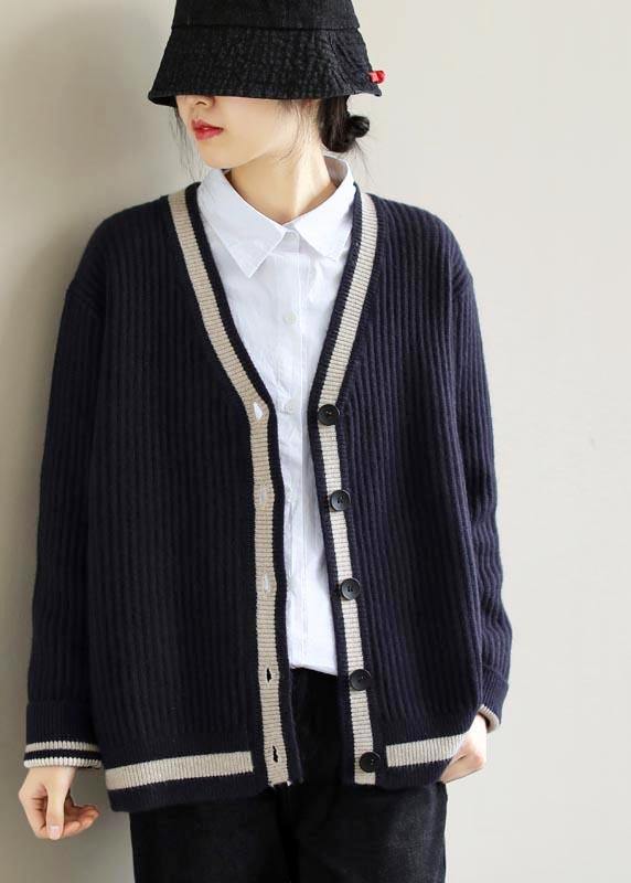 For Work Spring Navy Knit Tops V Neck Button Down Top - SooLinen