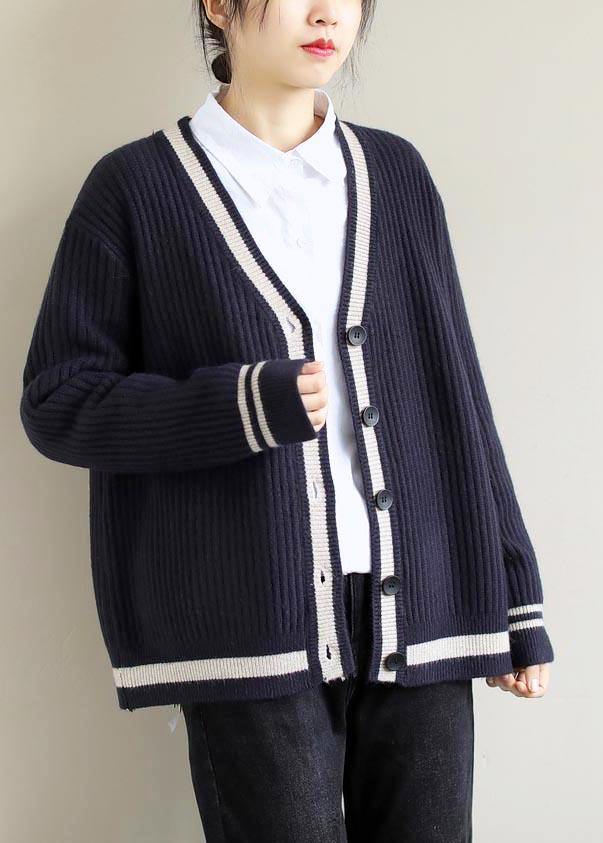 For Work Spring Navy Knit Tops V Neck Button Down Top - SooLinen