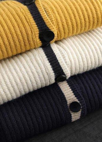 For Work Spring Navy Knit Tops V Neck Button Down Top - SooLinen