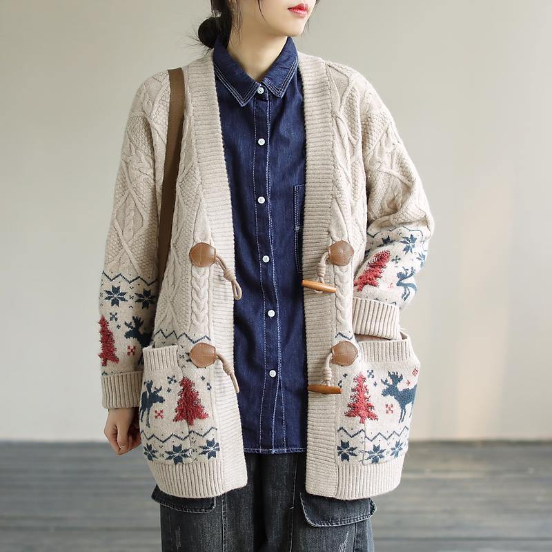 For Work Spring knit sweat tops trendy plus size Beige Deer Print knitted cardigans - SooLinen