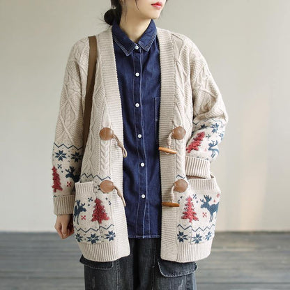 For Work Spring knit sweat tops trendy plus size Beige Deer Print knitted cardigans - SooLinen